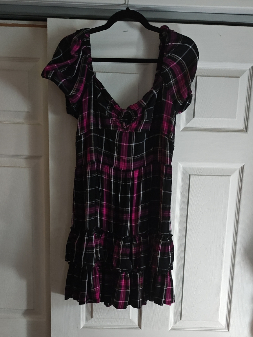 Bar III Black and Magenta Plaid Ruffle-Hem Mini Dress